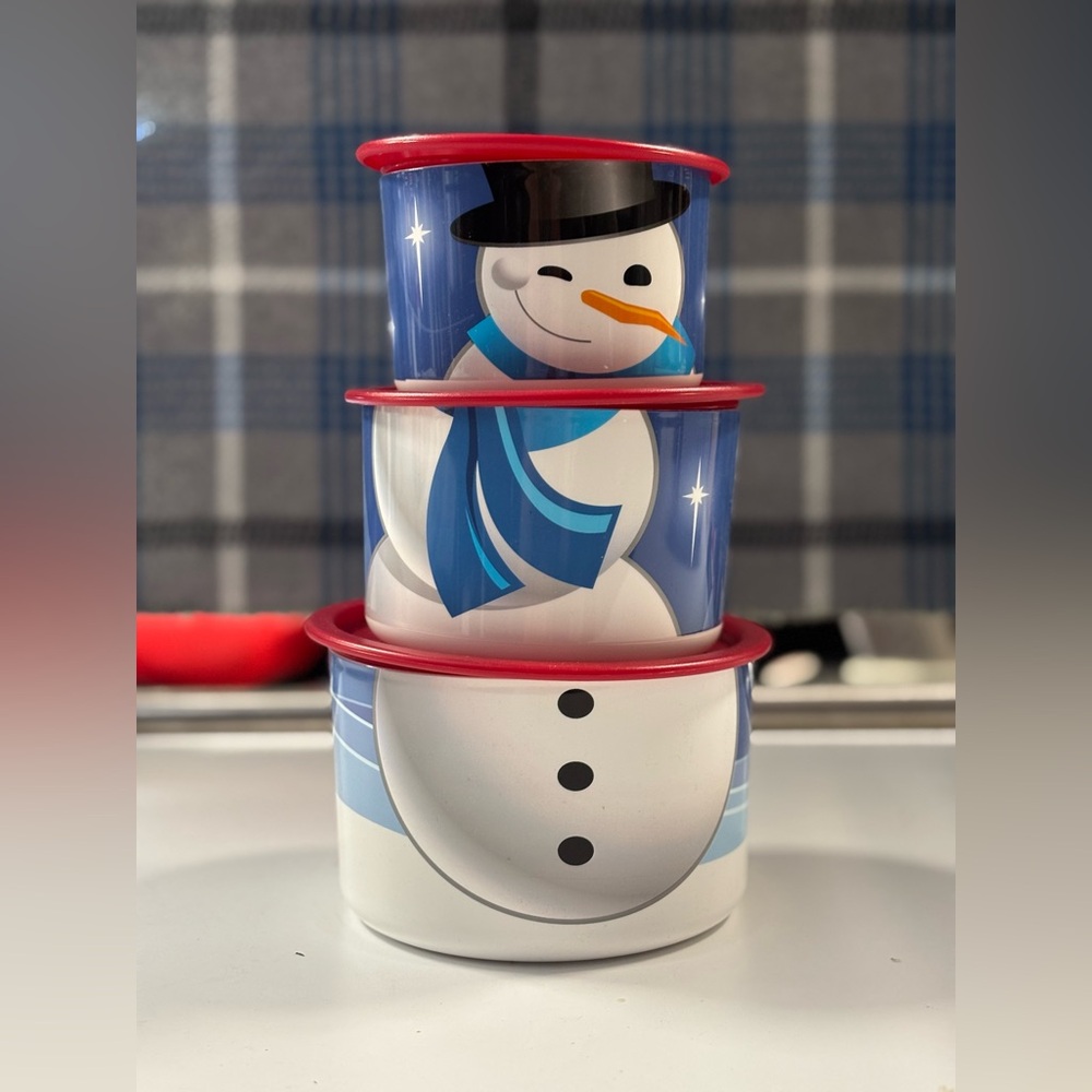 Tupperware Nesting Stackable Reversible Snowman & Santa Food Storage Set
